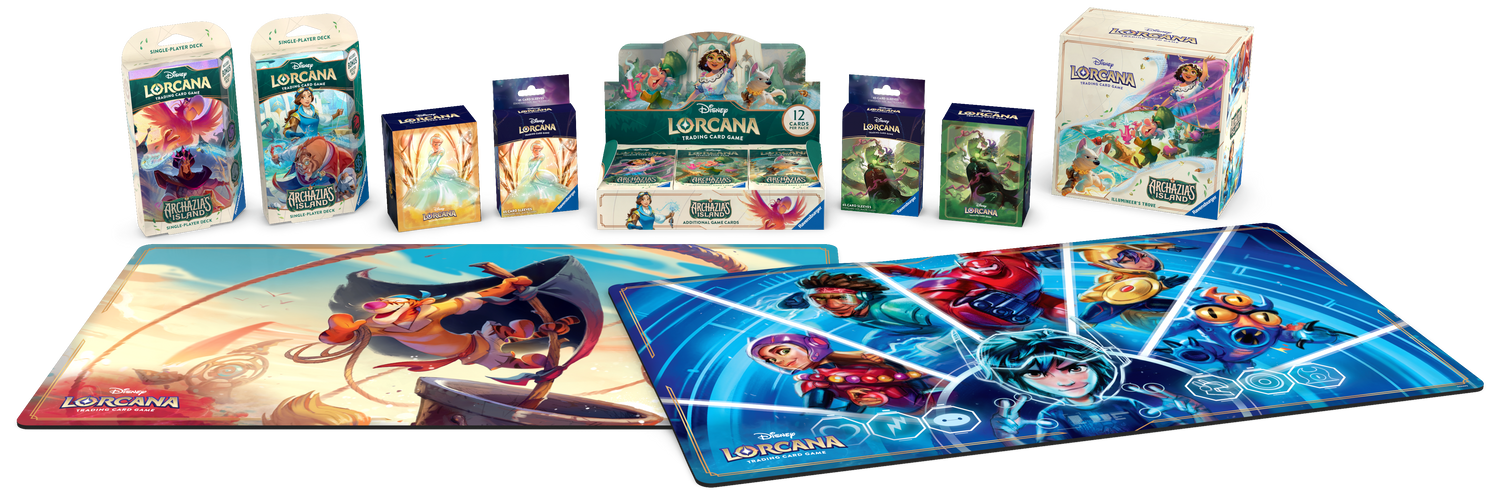 A picture of all the products from Disney Lorcana Archazia's Island
